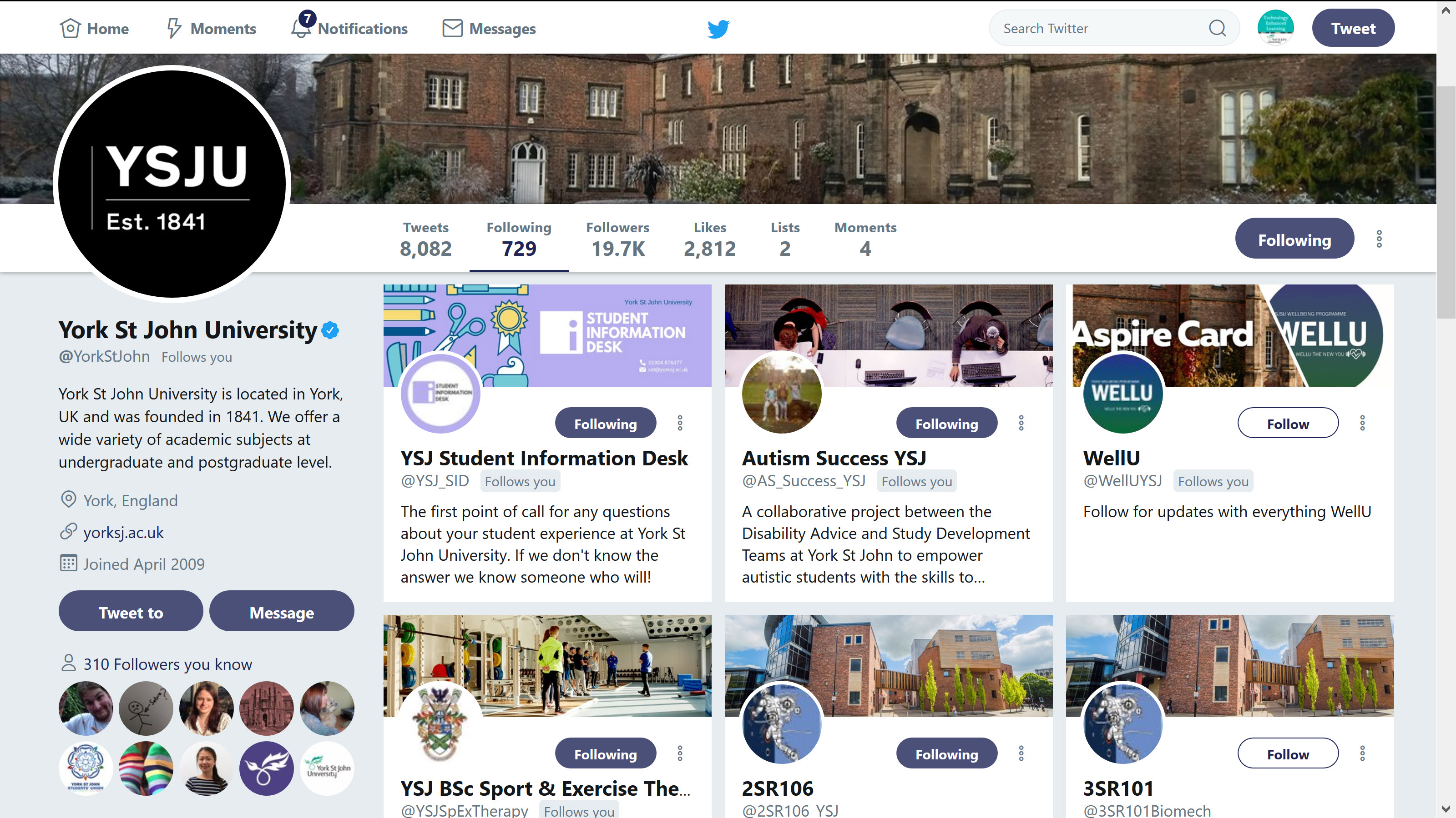 Screenshot of York St John University Twitter account.