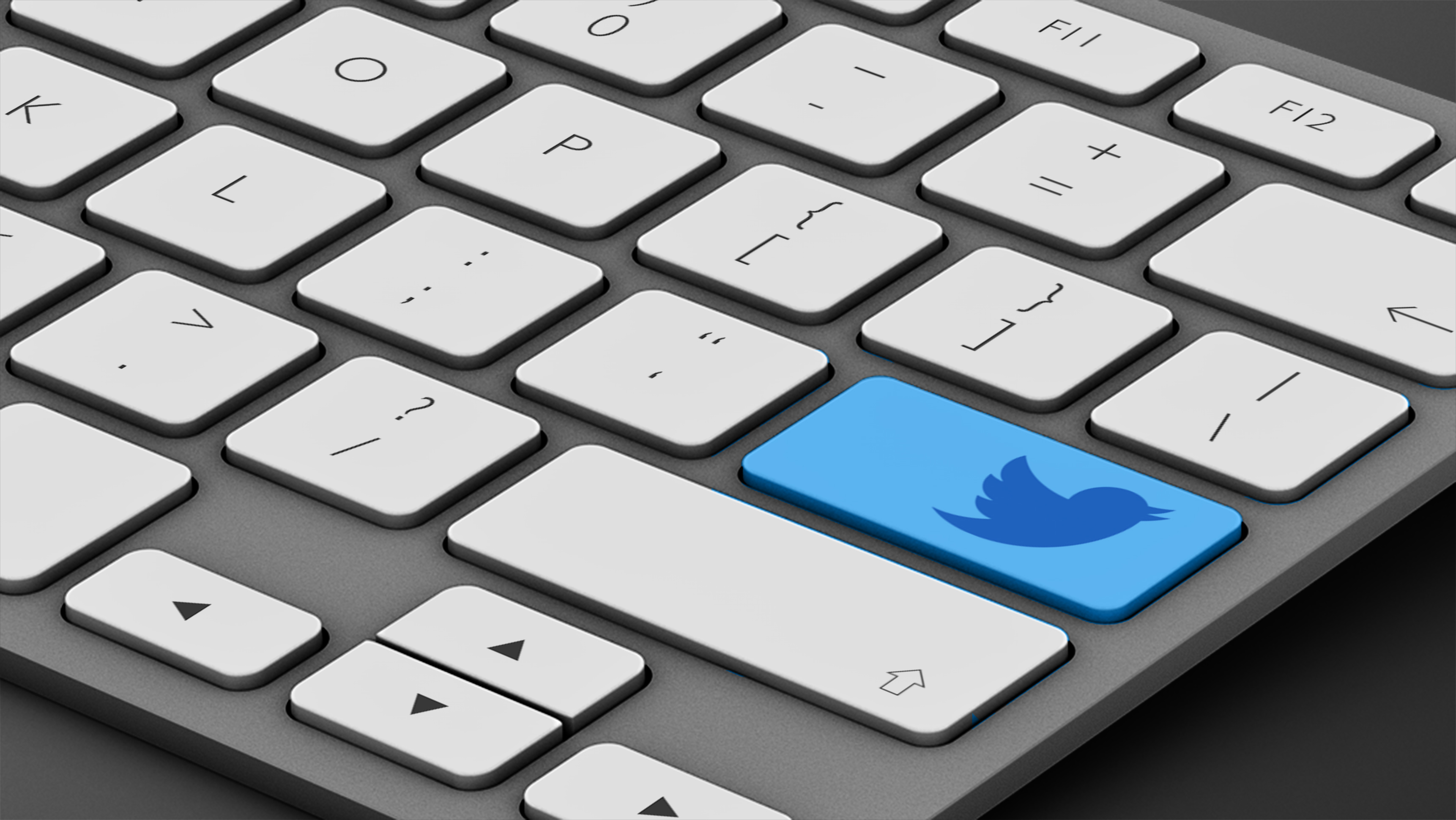 Computer keyboard with Twitter logo as the return key.