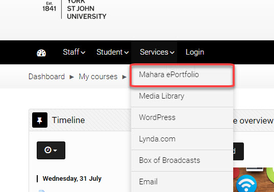 Screenshot of link in Moodle top menu to Mahara