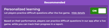 Screenshot of personalised learning set to On