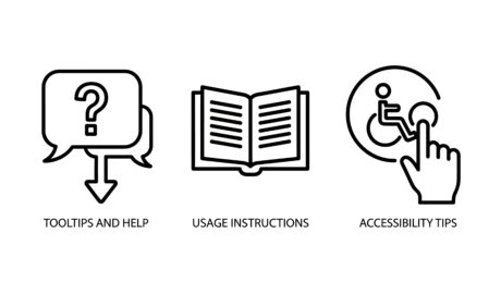Black and white icons for usage instruction, tool tips and help and accessibility tips